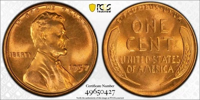 1957 P Lincoln Wheat Cent PCGS MS66+RD $1650 in 67 - Image 1 of 4