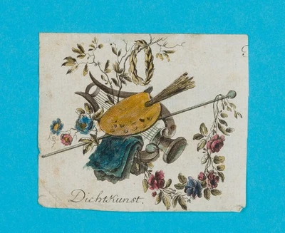 Blumen mit Lyra und Malpalette, um 1800, Kupferstich Unbekannt (19.Jhd) - Bild 1 von 4