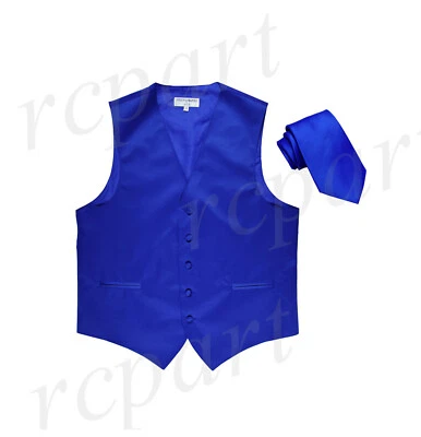 New Men's Formal Tuxedo Vest Waistcoat_Necktie solid royal blue wedding prom - Image 1 of 2