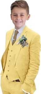 Boys Linen Suit 3 Piece Slim Fit Formal Suit Set Summer Wedding Suit Kids Tuxedo - Picture 1 of 31