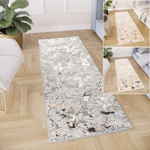 Teppich Läufer Glänzend Beige Grau Creme Marmoreffekt Abstrakt Wohnzimmer Flur - Bild 1 von 19
