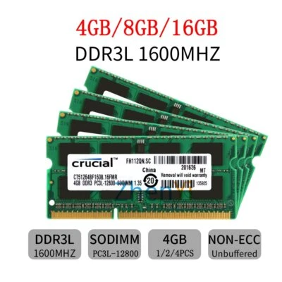 16GB 8GB 4GB RAM PC3L-12800 DDR3L-1600MHz SODIMM Memory Laptop For Crucial LOT - Image 1 of 4