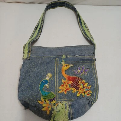Denim Tote Hobo Bolso Colorido Pájaros y Flores Cierre con Cremallera Foto 1 de 4