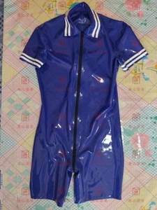 Tuta gatto lattice blu scuro manica corta con bordi bianchi zip frontale - Foto 1 di 3