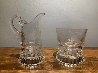 EAPG: King's No. 28 AKA: Ring & Block Engraved Leaf Creamer & Open Sugar - Image 1 of 4