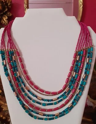 Bijoux collier ethnique fantaisie femme bleu fuchsia  - Photo 1/4
