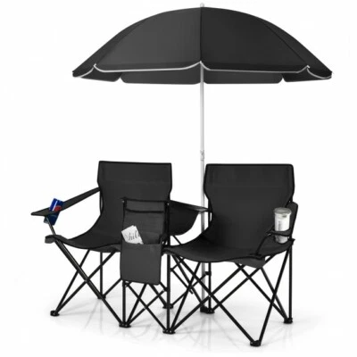Silla Doble Plegable Portátil Picnic Paraguas Mesa Enfriador Playa Camping Negro Foto 1 de 4