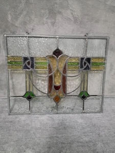 ANTIQUE COLORFUL ABSTRACT ENGLISH LEADED STAINED GLASS WINDOW TRANSOM 21"X17" - Picture 1 of 24