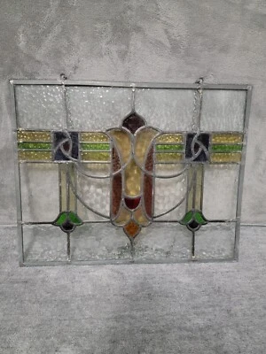 ANTIQUE COLORFUL ABSTRACT ENGLISH LEADED STAINED GLASS WINDOW TRANSOM 21"X17" - Image 1 of 4