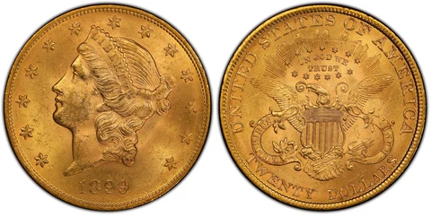 1899 AV $20, Double Eagle. PCGS MS63 Philadelphia. KM 74.3; Fr.-177 Cover