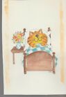 HOME SWEET HOME Cartoon Cat in Bed w/ Flowers 6x9" Greeting Card Art #C9647