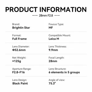 Brightin Star 28mm F2.8 Full Frame Lens Leica M M3 M6 M9 M10R M240 M11 Monochrom - Picture 1 of 10