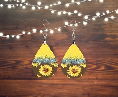 Sunflower in Yellow Print Tear Drop Earrings Wood Dangle Jewelry - Image 1 of 4