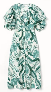 H&M Johanna Ortiz White Green Palm Leaf Print Linen Blend Cottage Midi Dress MD - Imagen 1 de 15