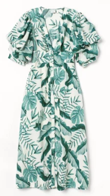 H&M Johanna Ortiz White Green Palm Leaf Print Linen Blend Cottage Midi Dress MD - Image 1 of 4