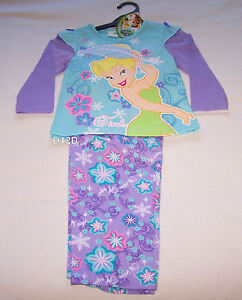 Disney Tinkerbell Girls Blue Purple Cotton Flannel Pyjama Set Size 4 New