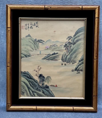 Antigua pintura china de seda pueblo de pescadores de montaña arte chino firmado de colección Foto 1 de 4