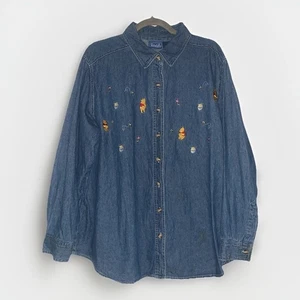 VTG 90s Disney Winnie The Pooh Women's 2X Shirt Denim Button Up Embroidered - Picture 1 of 7