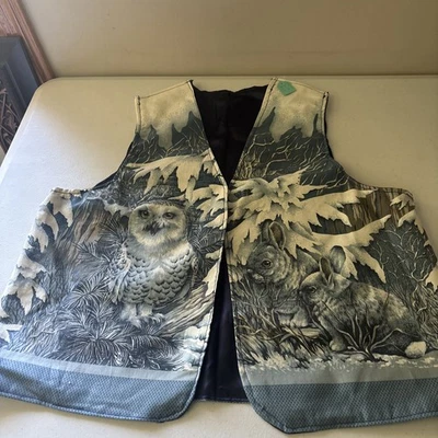 VTG Handmade Vest Women M Winterscape Owl Rabbit Wolf Cat Bear Elk  Art To Wear - Image 1 of 4