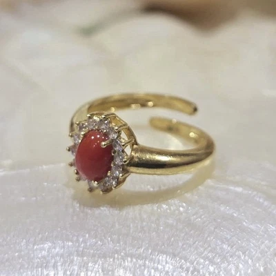 Anello Da Donna Regolabile In Argento 925, Vero Corallo Rosso E Zirconi - Immagine 1 di 4
