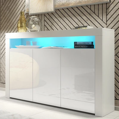 TV Unit | 155cm Sideboard | Cabinet | Cupboard | White High Gloss Doors Free LED - Image 1 of 4
