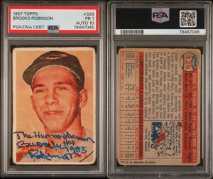1957 Topps BROOKS ROBINSON Signed Rookie Baseball Card 328 PSA 1 Auto Grade 10