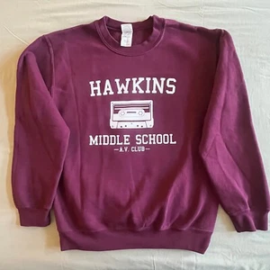Stranger Things Sweatshirt Adult Small Hawkins Middle School AV Club Maroon - Picture 1 of 11