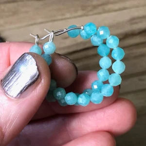 Amazonite Beaded Hoop Earrings. Sterling Silver. Blue Gemstone Hoops. Boho - Picture 1 of 16