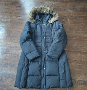 Anne Klein Damen 35" lang - Daunen Feder Mantel Kunstfell Kapuze durchgehender Reißverschluss schwarz - Bild 1 von 11