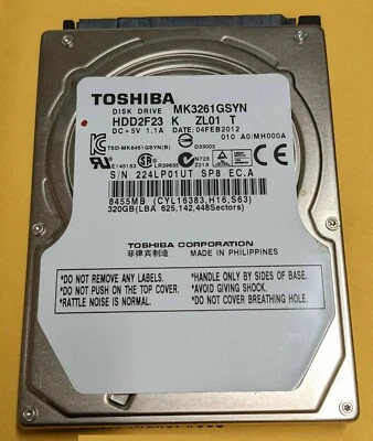 Toshiba MK3261GSYN HDD2F23 320GB 2.5" SATA Laptop Hard Drive 010 A0/MH000A - Image 1 of 2