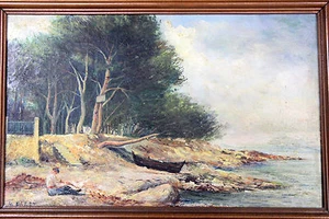 HUILE SUR TOILE de Marius BARET « Le pêcheur au bord de la côte » Côté Artprice - Picture 1 of 6