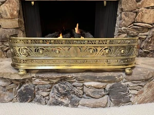 LARGE ANTIQUE 19C ENGLISH GEORGIAN BRASS FIREPLACE FENDER SURROUND HEARTH - Picture 1 of 11