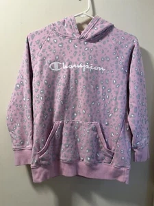 Champion Sweatshirt Youth girls XL grey pink LEOPARD hoodie EUC - Picture 1 of 3