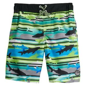 Brand new size 10/12 boy's swim trunks ZeroXposur blue/lime green shark
