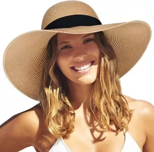 Womens Sun Straw Hat Wide Brim UPF 50 Summer Hat Foldable Roll up Floppy Large - Picture 1 of 5