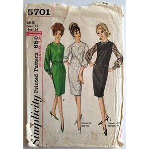 60s Sewing Pattern Dress Wide Cuff Sleeves Vtg Size 14 B34 Simplicity 5701 G - Picture 1 of 5