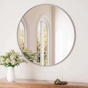 KeonJinn 18"x18" Round Wall Mirror Metal Frame Brushed Nickel Bathroom Vanity - Picture 1 of 10
