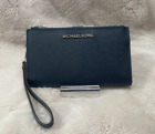 Michael Kors Jet Set Travel Large Double Zip Phone Wallet Wristlet Navy Leather