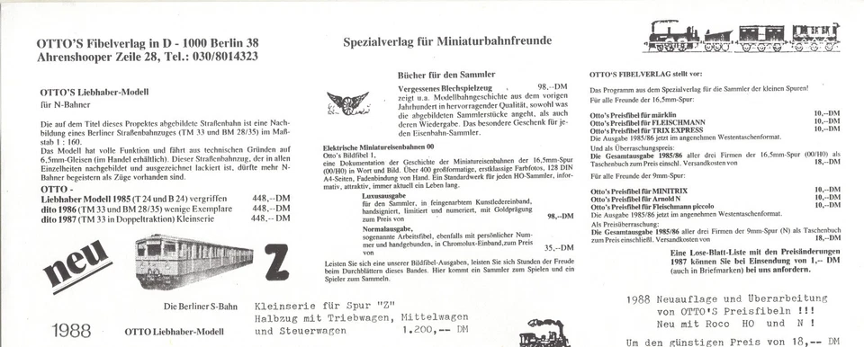 catalogo OTTO'S Fibelverlag Lieghaber-Modell N & Z 1988 Neuheiten          D  aa - Image 1 of 1
