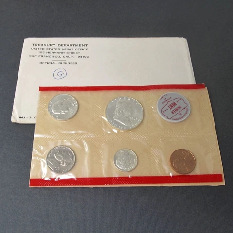 1963 US Mint 2 Coin Proof Sets Philadelphia Denver Cellophane Silver 10 coins Cover