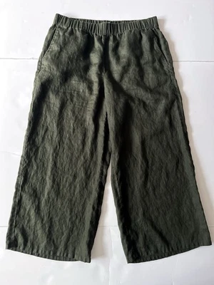 Брюки женские Eileen Fisher с широкими штанинами S/P темно-зеленые из органического льна без застежек укороченные - Изображение 1 из 4