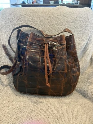 Furla Croc Embossed Leather Shoulder Handbag Vintage Brown Bucket Bag - Image 1 of 4