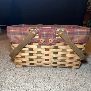 Longaberger 2000 Vintage Basket w/ Red Plaid Liner Handwoven Double Handle - Picture 1 of 8