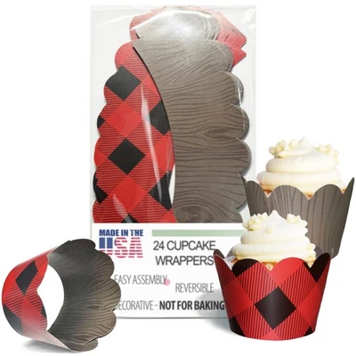 Envolvedores para Cupcakes - Búfalo Rojo Cuadros y Madera Reversible Decoración de Fiesta de Cumpleaños... Foto 1 de 4