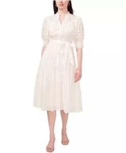 CeCe Women's Cotton Eyelet Short Puff Sleeve Midi Dress Size 12 - Picture 1 of 7