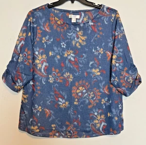 CJ Banks Size 2X Denim Blue abstract Hatchi top, 3/4 elastic shirred sleeves NWT - Picture 1 of 4