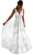 Boho Beach A-line V-neck Backless White Wedding Dress Tulle & Lace - NEW!