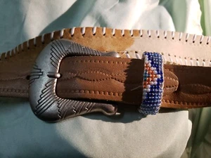 Vintage Brown Tooled Leather Laced Indian Beaded Motiff Size 30 Blue Peach Whit - Picture 1 of 9