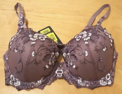 FEMINA Push Up Bra 85C Purple Lightly Padded Floral Embroidered Underwire NWT - Image 1 of 4
