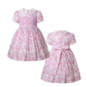 Classic Girls Party School Dress Pink Floral Smocked Dress for Toddler Girls - Picture 1 of 13
